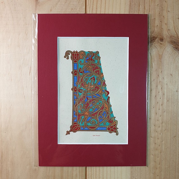 Lettre L enluminée style ottonien avec passe-partout bordeaux.