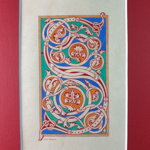 Lettera S miniata in stile romanico