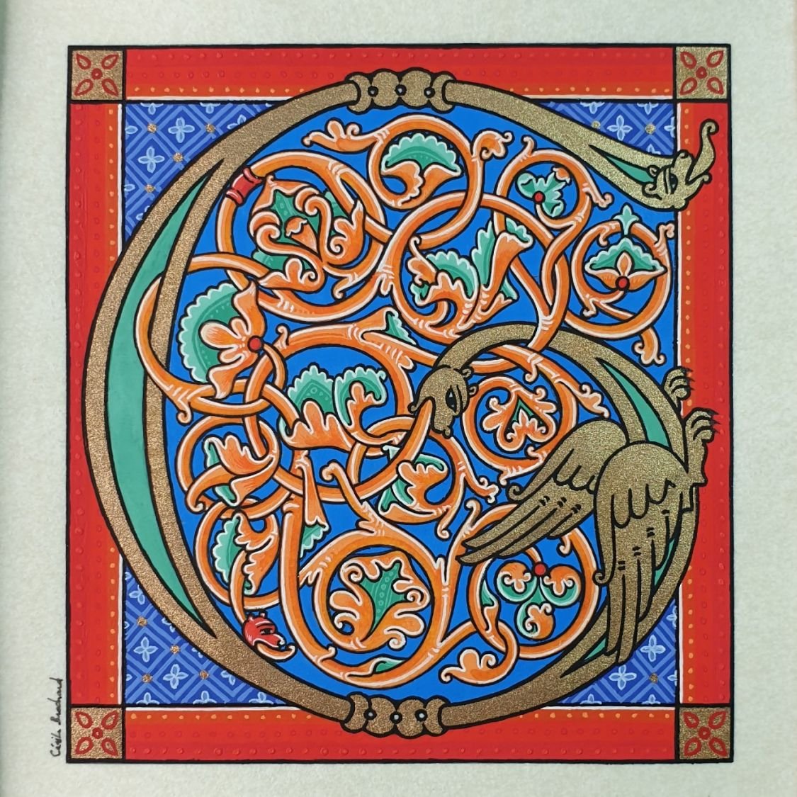 Lettera G miniata in stile romanico