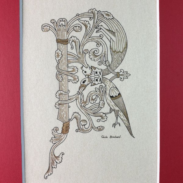 Lettera R miniata in stile romanico