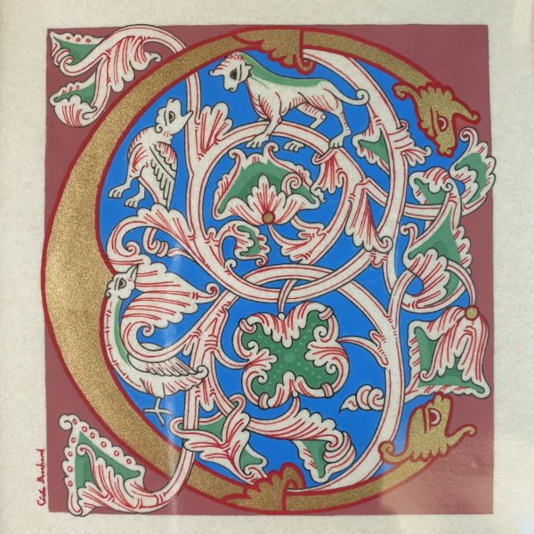 Lettera C miniata in stile romanico